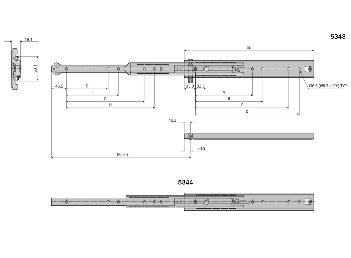 Accuride 5343 Anti-Tilt and Interlock Drawer Slide dimension guide