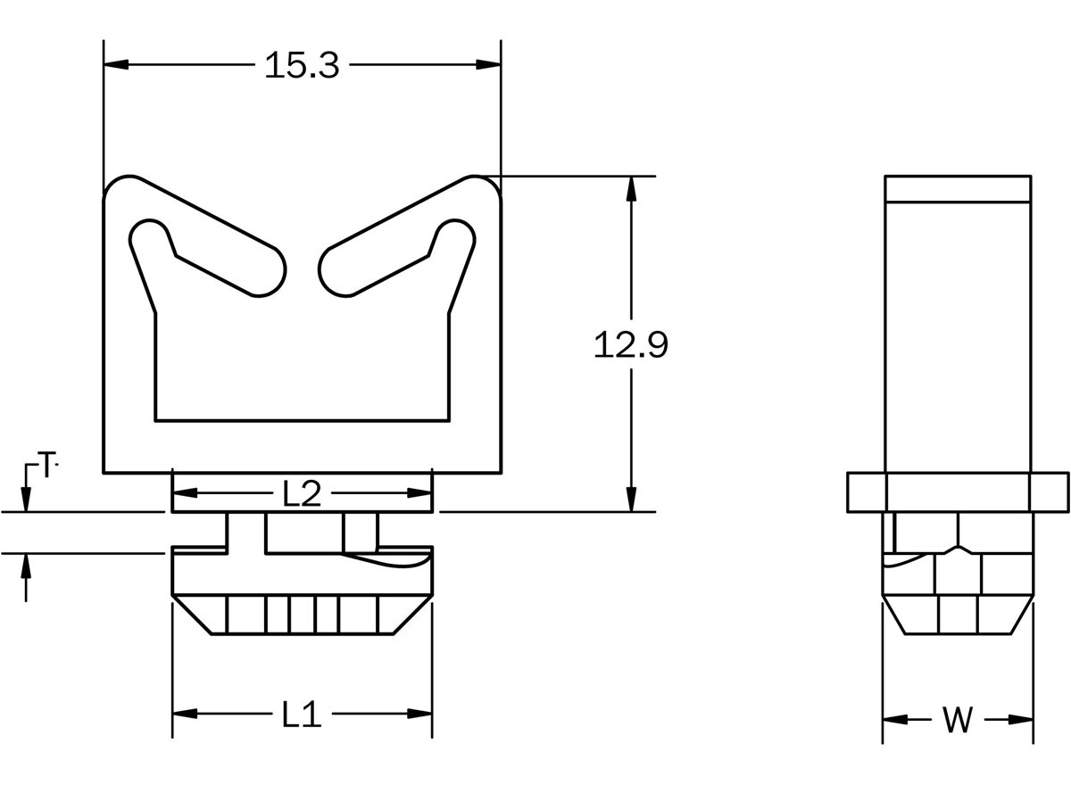 Cable mounting clips dimensional linedrawing guide in grayscale 