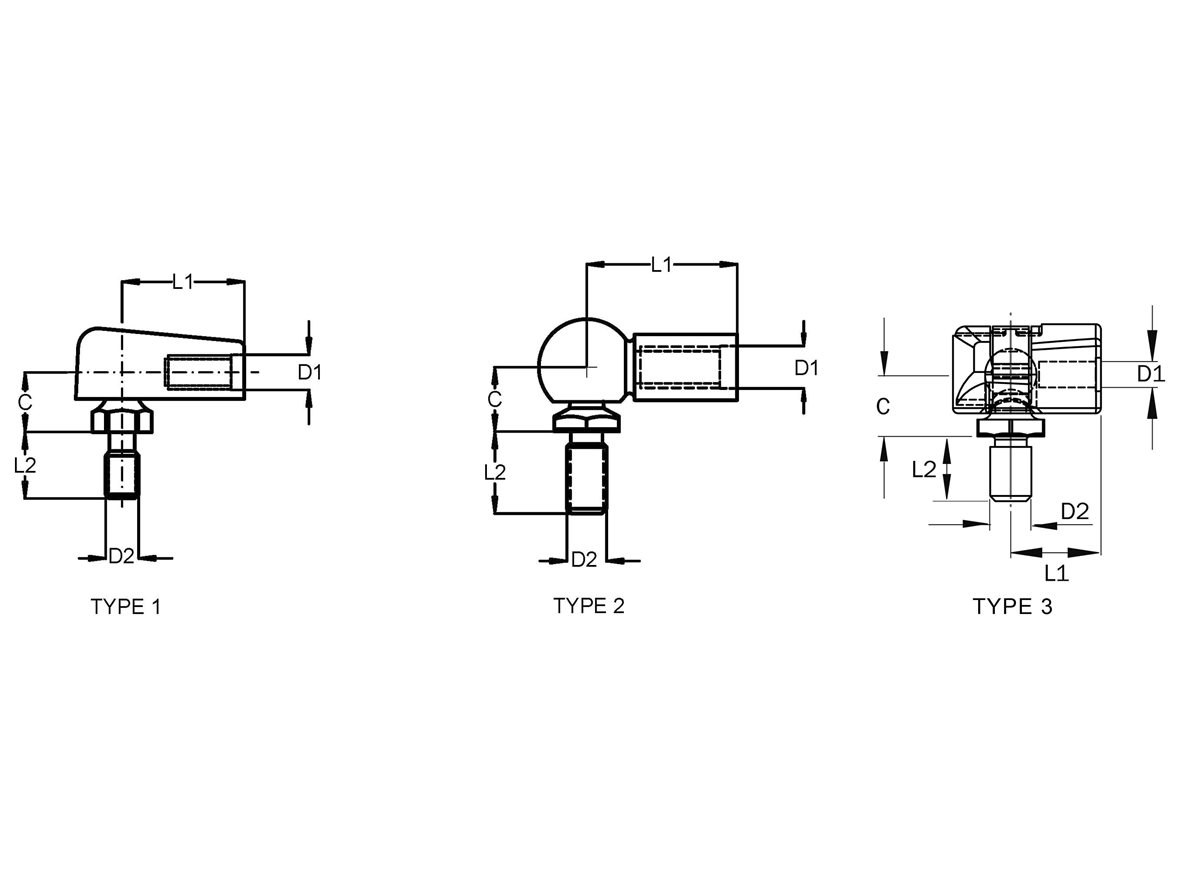 Camloc Ball joint connectors dimensional guide diagram in black and white 