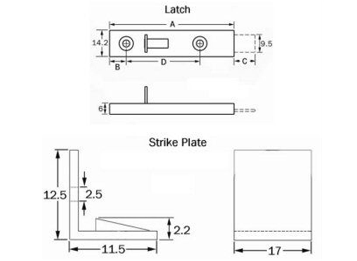 Door Bolt Latches dimension guide