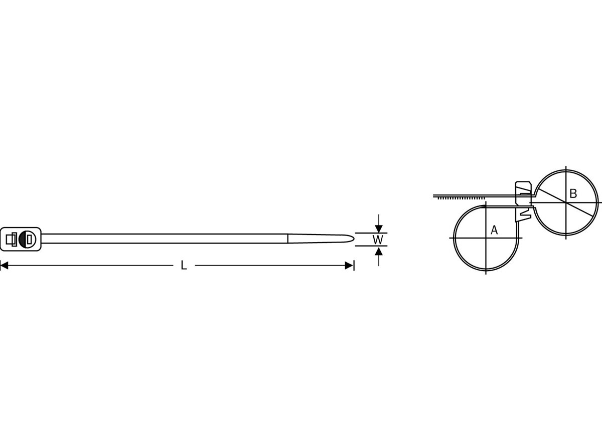 Double headed cable ties dimensional guide diagram in grayscale 