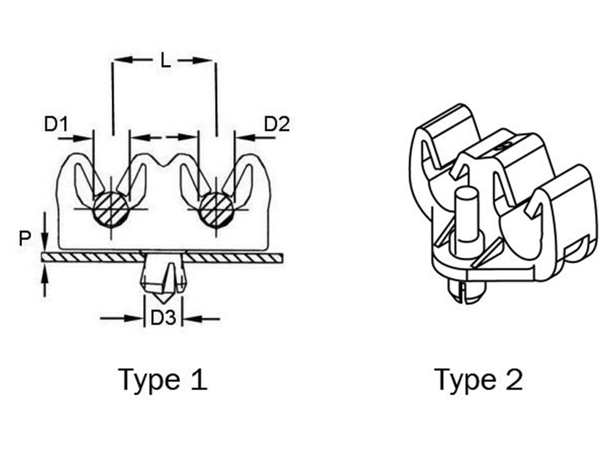 Kabel- & Rohrschellen - Spreizniete, Doppelt dimension guide