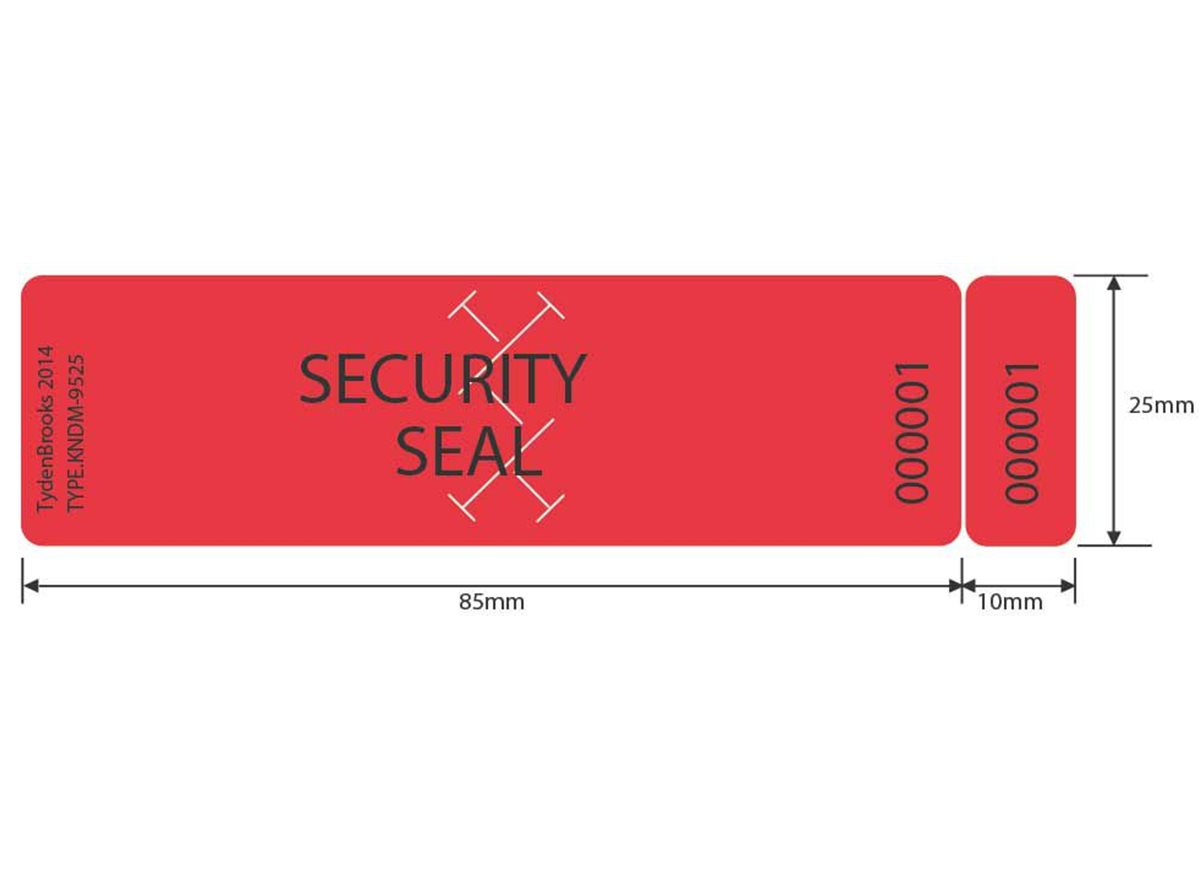 KL total transfer void security labels dimensional guide in red with accurate measurements