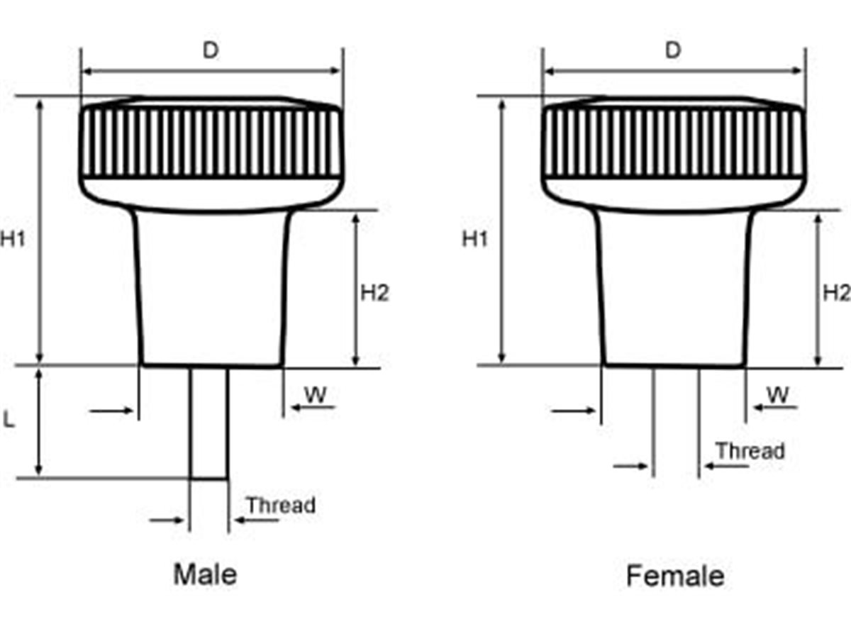 Push pull knobs fine knurl international dimensional guide displaying both male and female 