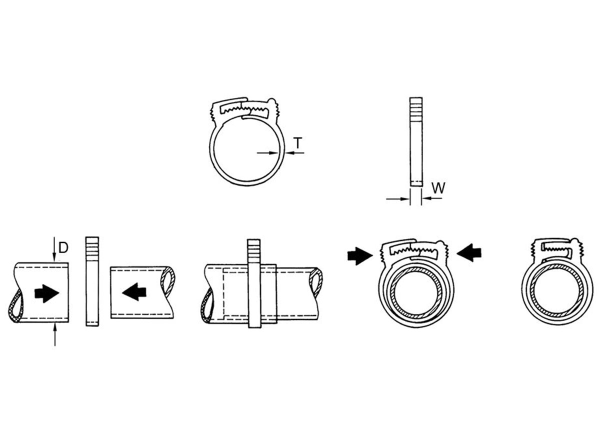 Ratchet type hose clips dimensional diagram in black and white showcasing the fastening process 