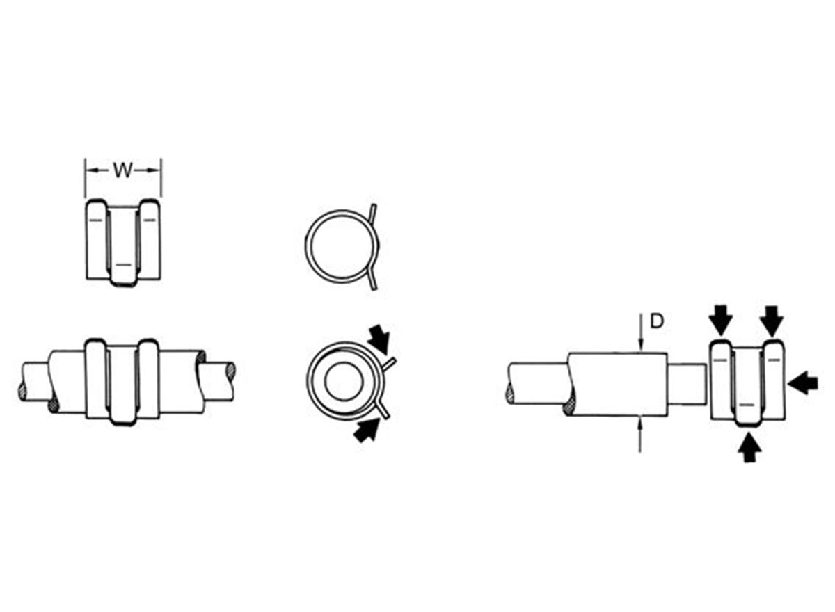 Spring steel hose band clamp dimensional guide diagram shown as five pieces in black and white 