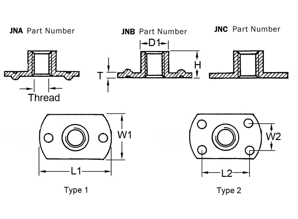 Stainless steel weld t nuts dimensional diagram demonstrating threading. 