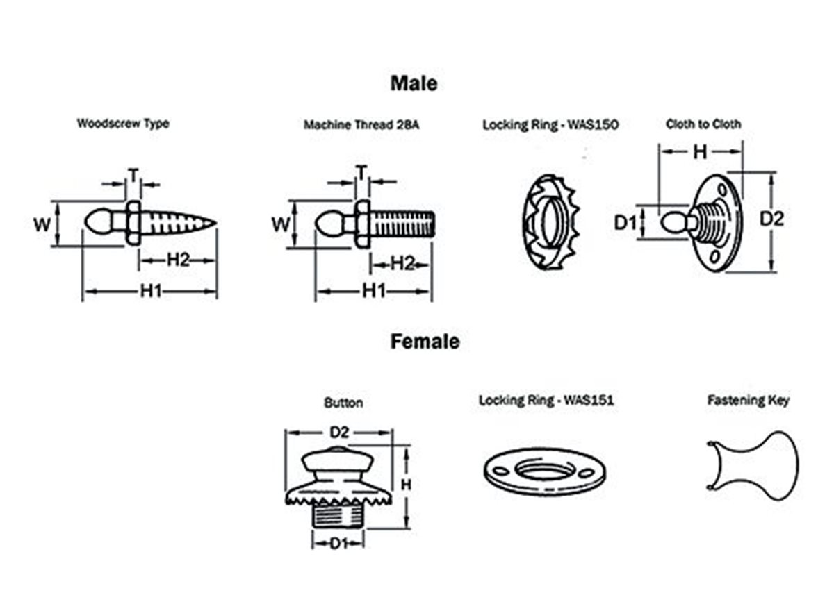 Tenax fasteners dimensional linedrawing guide split into male and female section 