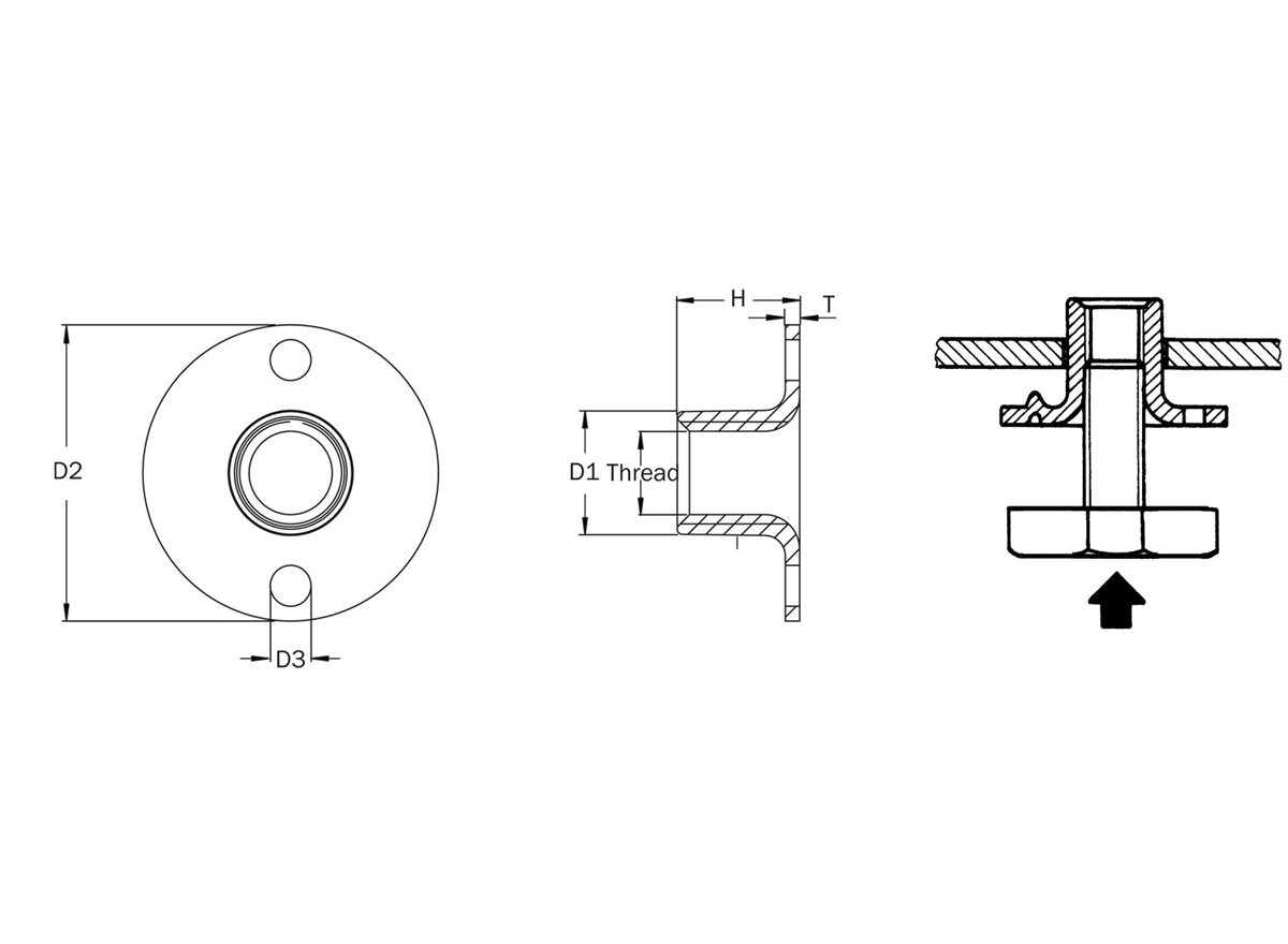 Welding t nuts round base dimensional guide linedrawing in grayscale 