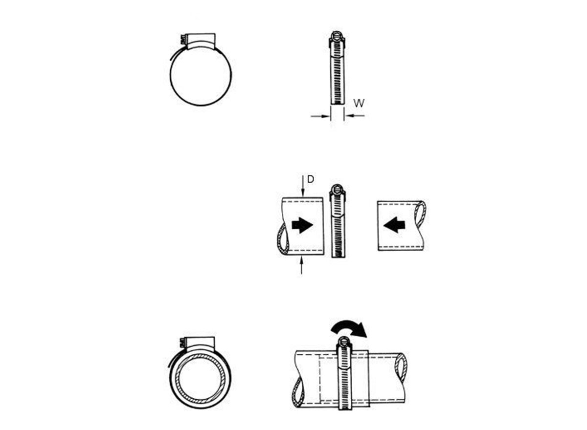 Worm drive hose clamps- dimensional linedrawing guide in grayscale 